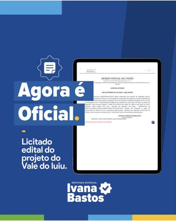 Aviso de Licitação para o Projeto de Irrigação do Vale do Iuiu é publicado.