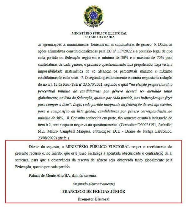 MPE recorre contra registro de candidaturas do PT por descumprimento à cota de gênero em Iuiu.