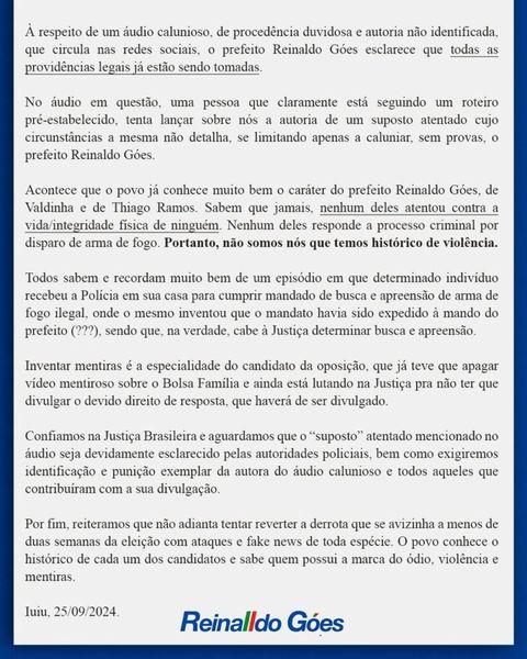 Iuiu: Prefeito Reinalldo Góes questiona suposto atentado que candidato Robson Bezerra alega ter sofrido.