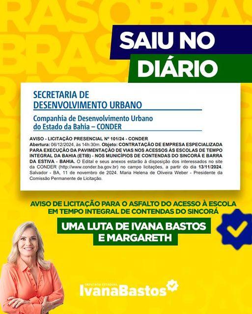 Acesso à Escola em Tempo Integral de Contendas do Sincorá receberá asfalto graças à atuação da deputada Ivana Bastos e da prefeita Margareth.