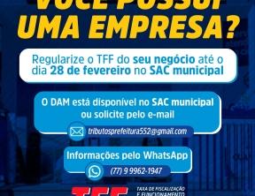 Secretaria da Fazenda de Guanambi oferece opções para regularização da Taxa de Fiscalização e Funcionamento (TFF) até o dia 28 de fevereiro.