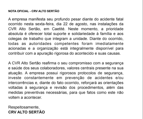 CVR Alto Sertão emite nota após acidente com vítima fatal em Caetité.