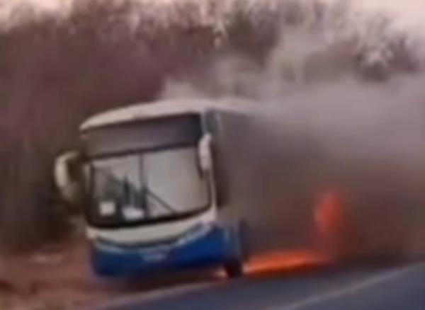Ônibus da Novo Horizonte pega fogo na BR-030, entre Guanambi e Caetité; assista.