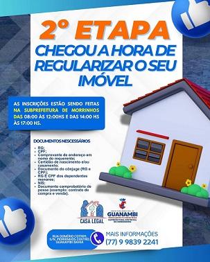 Após cadastrar 228 residências, Subprefeitura de Morrinhos inicia 2ª Etapa do Programa Casa Legal para regularização de imóveis. Após cadastrar 228 residências, Subprefeitura de Morrinhos inicia 2ª Etapa do Programa Casa Legal para regularização de imóveis.