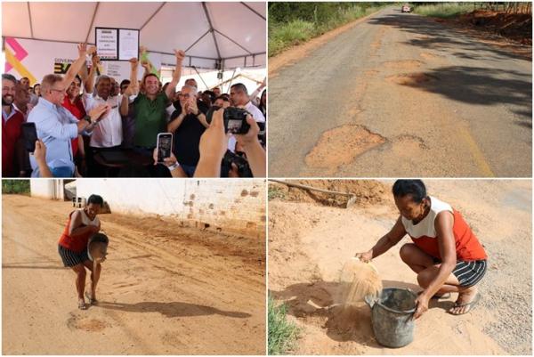 Cansada de esperar, idosa tapa buracos com balde de areia um ano após Jerônimo Rodrigues prometer asfalto.