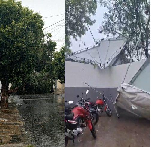 Temporal com ventos fortes causa danos em escola e interdita rua em Guanambi.