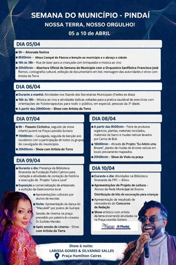 Prefeitura de Pindaí divulga programação dos 64 anos de emancipação política.