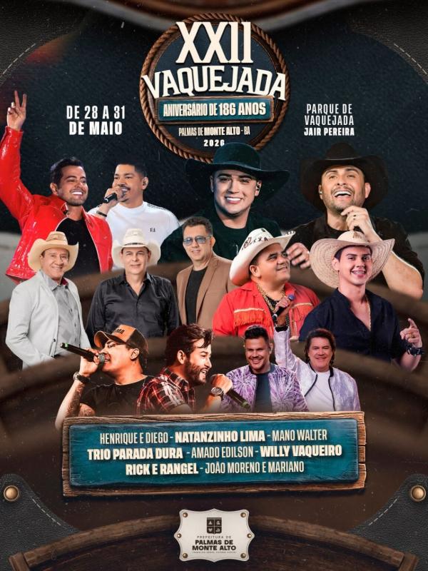 Palmas de Monte Alto anuncia programação dos 186 anos com grandes shows e vaquejada.