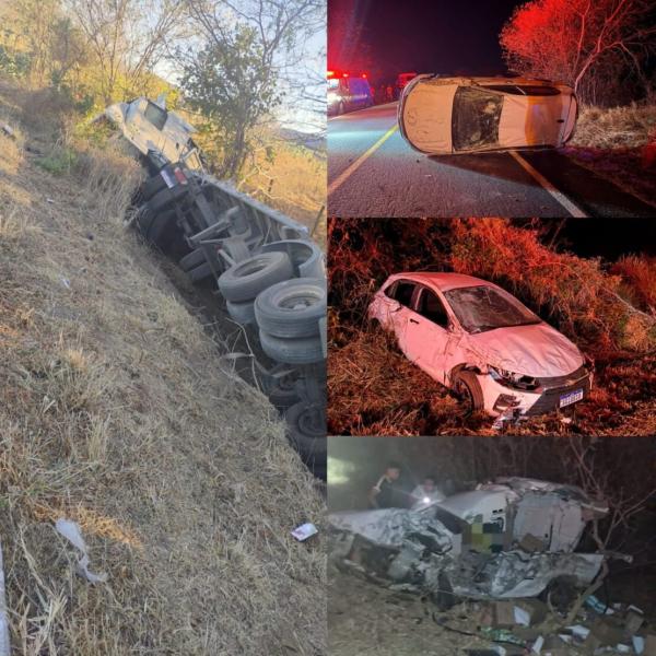 Carreta-cegonha se envolve em grave acidente com vários veículos; uma pessoa morreu no local.