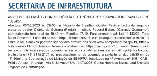 Seinfra abre licitação para nova etapa da pavimentação entre Guirapá e o IF Baiano, em Guanambi.