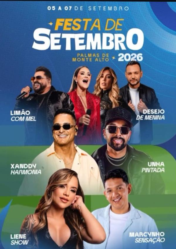 Prefeitura Palmas de Monte Alto divulga programação da Festa de Setembro 2026.