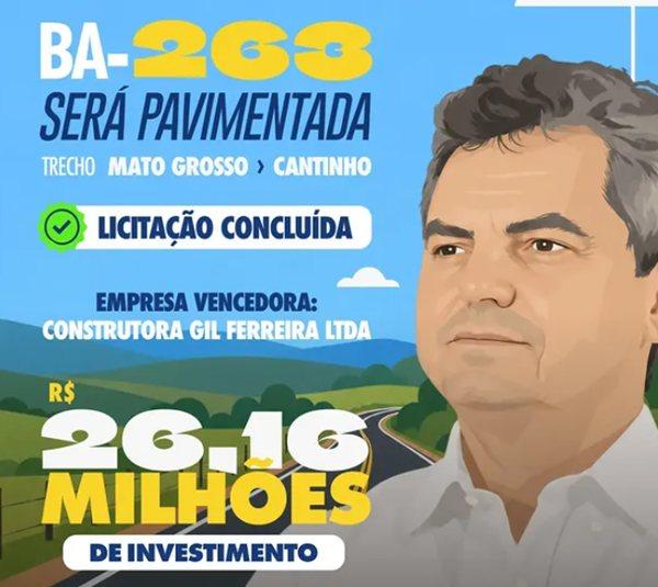 Sebastião Laranjeiras avança com pavimentação de quase 20 km da BA-263 após conclusão de licitação.