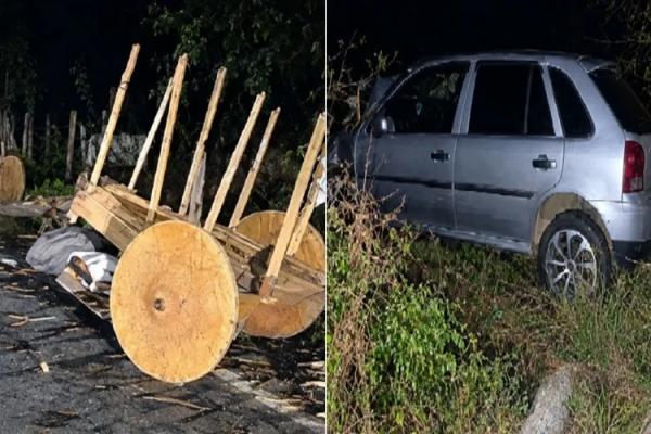 Colisão entre Gol e carro de boi deixa três feridos e animais mortos em Pindaí.