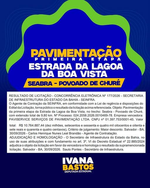Ivana Bastos anuncia avanço para pavimentação da Estrada da Lagoa da Boa Vista, em Seabra.