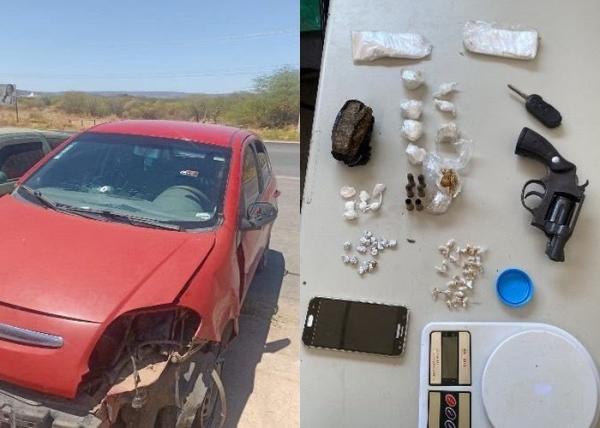 Perseguição policial termina com dois homens detidos e apreensão de arma e drogas em Guanambi.